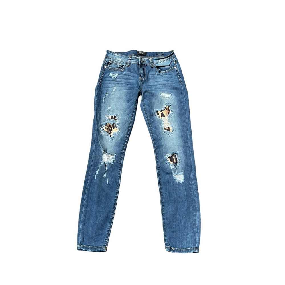 Judy Blue Jeans Womens 5 |27(28) Skinny Fit Distressed Leopard Print Blue Denim